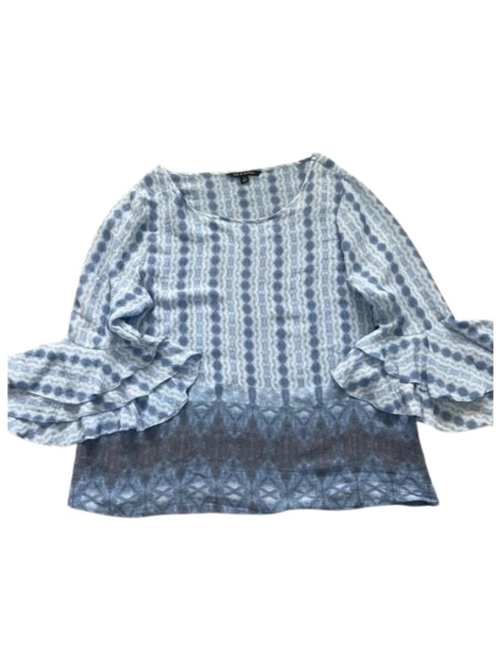 Zac & Rachel Women’s Blue Tie-Dye Patterned Top with Tiered Bell Sleeve Sz L